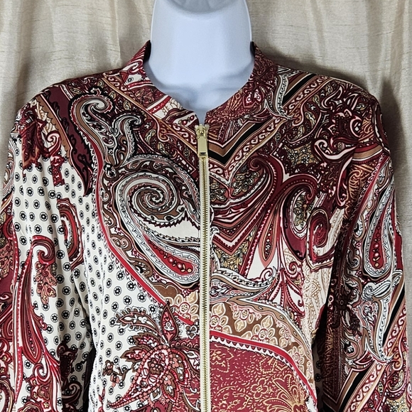 NWOT Chicos red pink white brown paisley bomber jacket Womens Medium - Picture 7 of 8